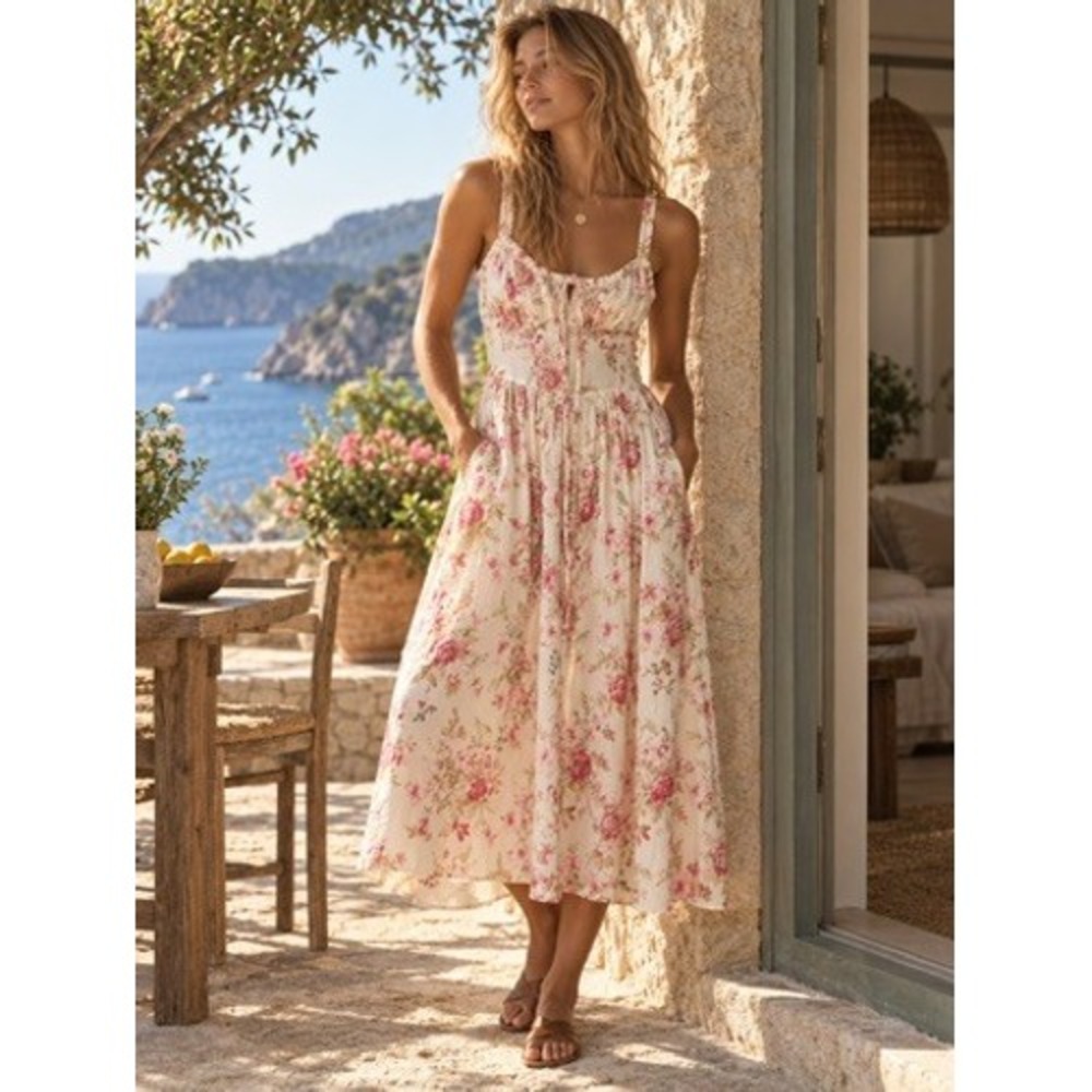 Scarlet Darkness Women Floral Midi Dress Pink Cottagecore Pockets Small NWT